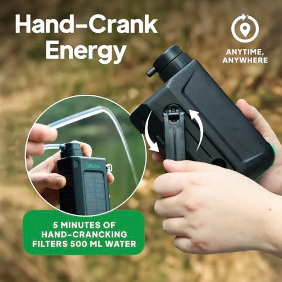 3-in-1 Emergency Water Filter — Solar, Hand Crank & LED