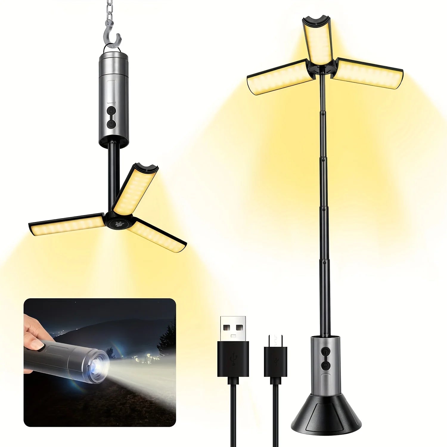 Foldable Camp Lantern with Power Bank - Telescopic Pole, USB Rechargeable