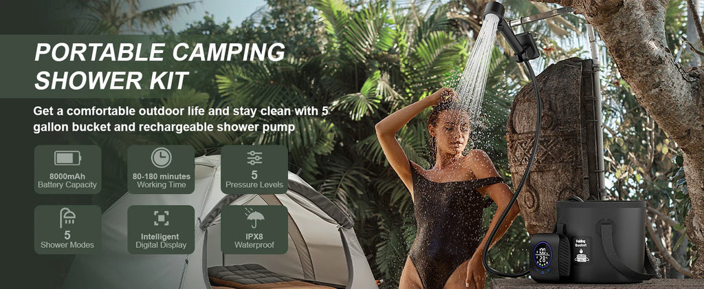 Portable Camp Shower Kit — 8000mAh, 5-Gallon Bucket