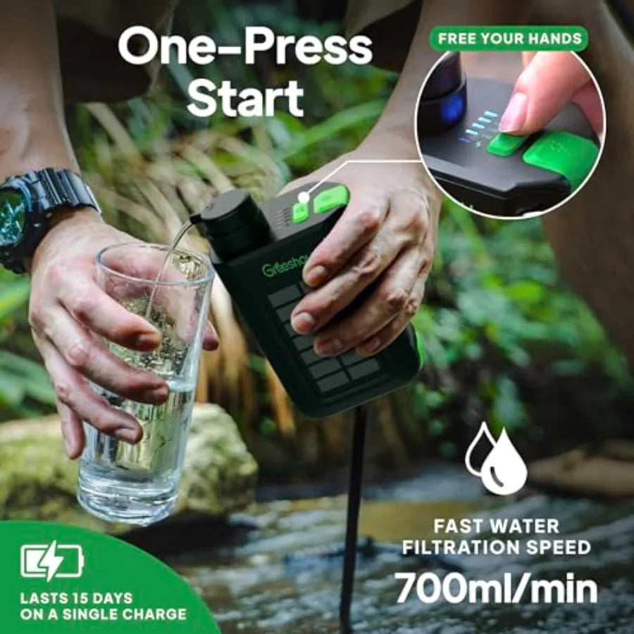 3-in-1 Emergency Water Filter — Solar, Hand Crank & LED