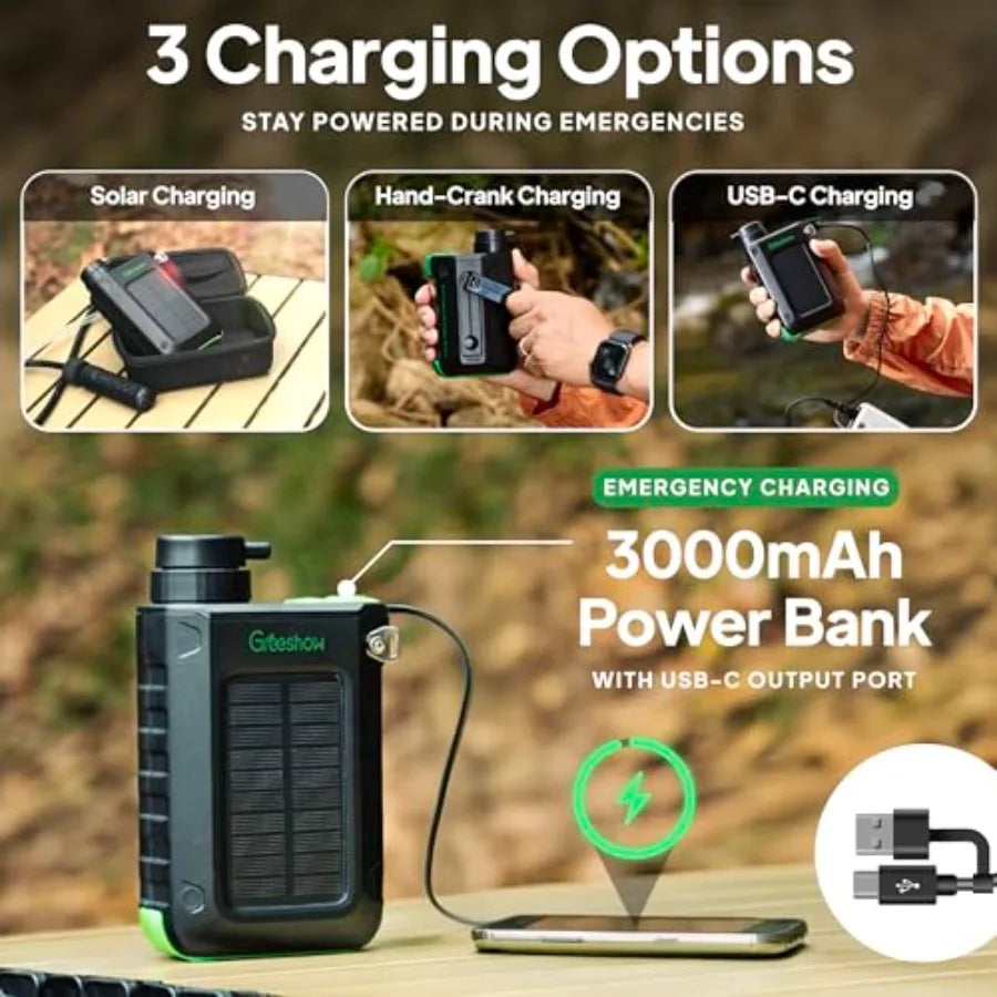 3-in-1 Emergency Water Filter — Solar, Hand Crank & LED