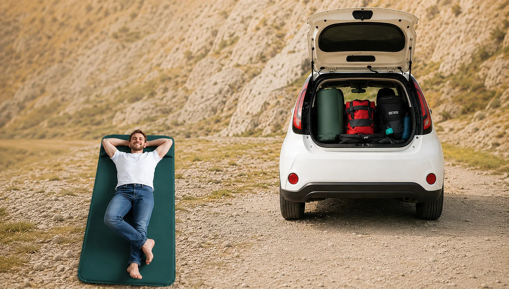 Camper resting on the self-inflating pad next to a packed car